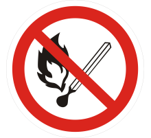 Знак P02 "ЗАПРЕЩАЕТСЯ ПОЛЬЗОВАТЬСЯ ОТКРЫТЫМ ОГНЕМ" (самокл. 200х200)
