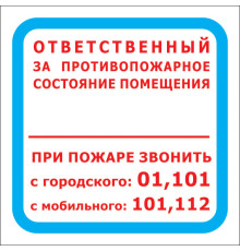 Знак F16 "ОТВЕТСТВЕННЫЙ ЗА ПРОТИВОПОЖАРНОЕ СОСТОЯНИЕ ПОМЕЩЕНИЯ" (Самокл. 200 х 200)